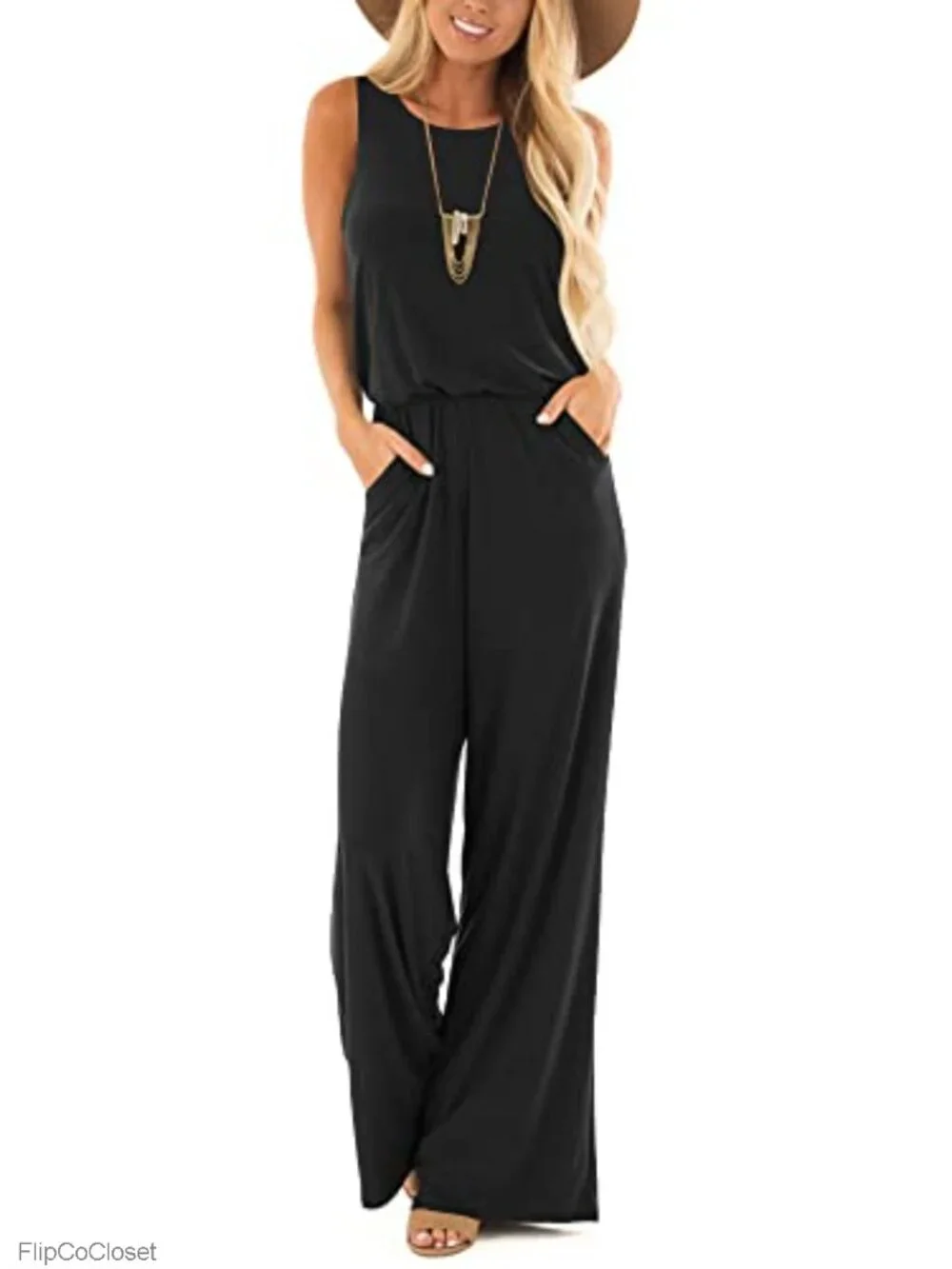Lace Trim Sleeveless Loose Jumpsuit with Pockets, Keyhole Back, Wide Leg, Solid